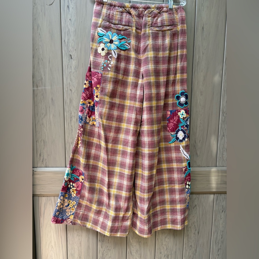 Free People Brooks Embroidered Wide-Leg Patchwork Pants Green Combo - Picture 15 of 15